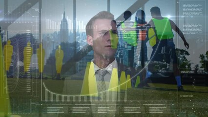 Poster - Animation of diverse data and caucasian businessman over diverse male soccer players