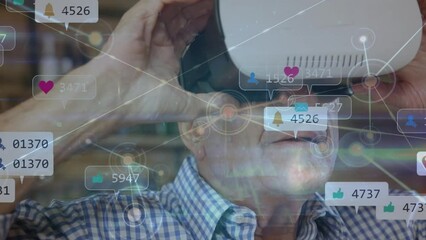 Poster - Animation of connections and social media reactions over caucasian senior man using vr headset