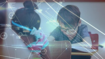 Wall Mural - Network of connections and data processing against caucasian boy studying in the class at school