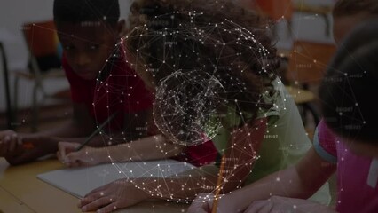 Poster - Animation of globe with network of connections over school children writing