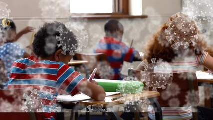 Poster - Animation of macro covid 19 cells over schoolchildren in classroom