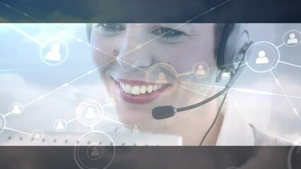 Poster - Animation of business people using computers and phone headsets and network of connections
