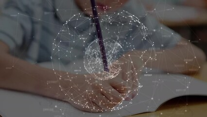 Poster - Animation of globe with network of connections over schoolboy writing