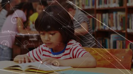 Poster - Network of connections and data processing against boy studying while sitting on his desk at school