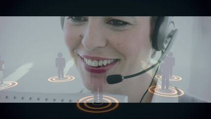 Poster - Animation of business people using computers and phone headsets and network of connections
