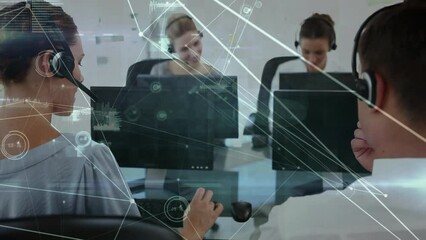 Poster - Animation of business people using computers and phone headsets and network of connections