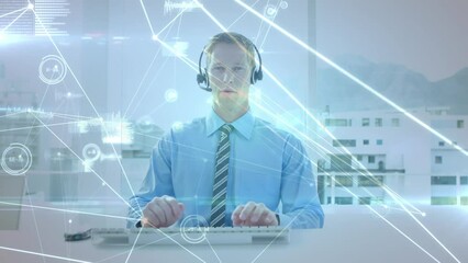 Poster - Animation of businessman using phone headset and network of connections