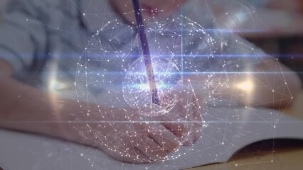 Poster - Animation of globe with network of connections over schoolboy writing