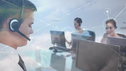 Poster - Animation of business people using computers and phone headsets and network of connections