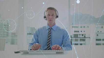 Poster - Animation of businessman using phone headset and network of connections