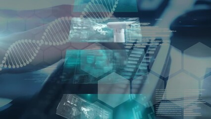 Multiple screens with data processing and dna structure against person typing on keyboard