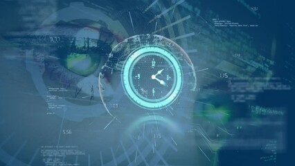 Poster - Animation of clock moving over globe, purple shapes and eye of caucasian woman