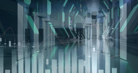 Poster - Composite video of statistical data processing against people walking in the server room at office