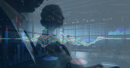 Poster - Animation of financial data over diverse businesspeople and office