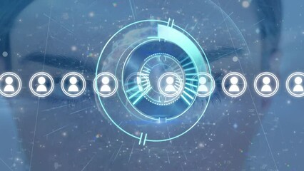 Poster - Animation of processing circle over connections, icons and face of caucasian woman