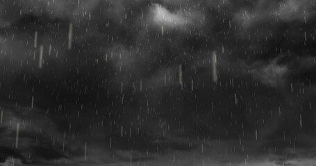 Wall Mural - Animation of heavy rain falling over lightning and stormy grey clouds background
