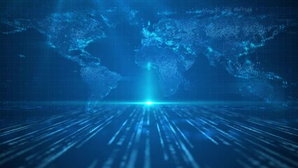 Wall Mural - Blue technology world map, digital particle text lines. You can use for news background, news opening, corporate publicity, product introduction.