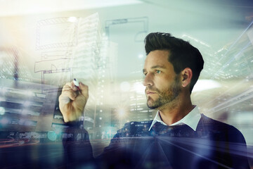 Poster - Designing a brand new city. Multiple exposure shot of a businessman drawing on a glass wall superimposed over a cityscape.