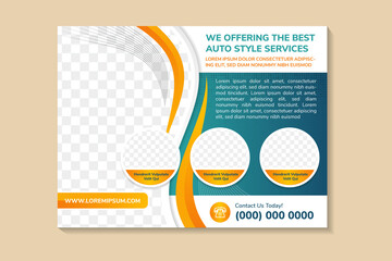 Poster - the best auto style services presentation template on blue white background. horizontal layout with 