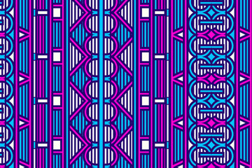 Poster - Stripe rectangle pattern with bright blue, red, and white colors vertical parallel stripes, diagonal and curve shape elements. vector background.