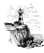 Lighthouse In The Seaside. Ink Black And White Drawing
