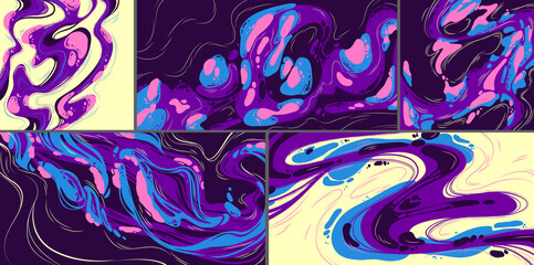 Poster - abstract art backgrounds, modular paintings with purple, blue, pink and yellow liquid stains, swirls