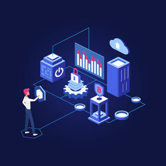 Poster - Blockchain digital ledger with recording blocks. Tracking online business transactions deals