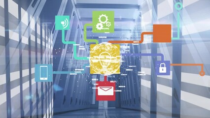Poster - Animation of data processing and globe with icons over server room
