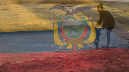 Wall Mural - Animation of flag of ecuador over caucasian mother with child at beach