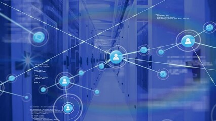 Canvas Print - Animation of network of connections and data processing over server room