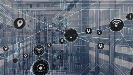 Poster - Animation of network of connections and computer circuit board over server room