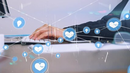Poster - Animation of network of connections over caucasian man typing on keyboard