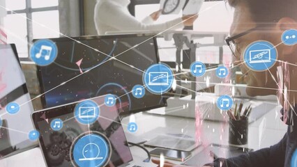Poster - Animation of network of connections over caucasian man using laptop