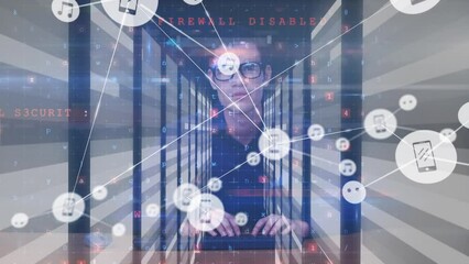 Poster - Animation of network of connections over caucasian man and moving columns