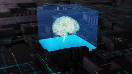 Poster - Artificial intelligence concept. Electric print circuit board with data traffic light on dark. Artificial Intelligence digitalization of neural networking. Digital Lines Move Data. 3D rendering.