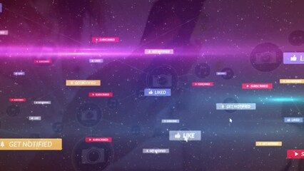 Poster - Animation of network of connections with media icons over biracial woman using smartphone