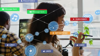 Sticker - Animation of network of connections with media icons over biracial woman using smartphone