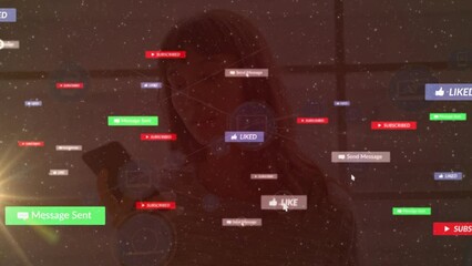 Poster - Animation of network of connections with media icons over biracial woman using smartphone