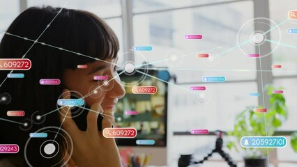 Poster - Animation of network of connections with media icons over biracial woman using smartphone