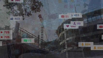 Poster - Animation of network of connections with media icons over building site