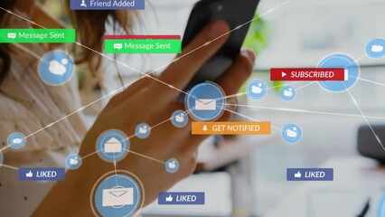 Poster - Animation of network of connections with media icons over biracial woman using smartphone