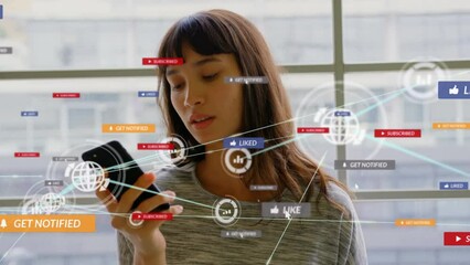 Poster - Animation of network of connections with media icons over biracial woman using smartphone
