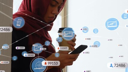 Aufkleber - animation of network of connections with media icons over biracial woman using smartphone