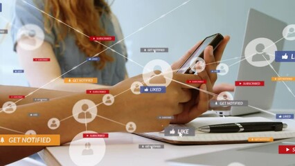 Poster - Animation of network of connections with media icons over caucasian woman using smartphone