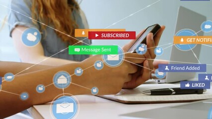 Poster - Animation of network of connections with media icons over biracial woman using smartphone