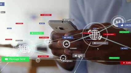 Poster - Animation of network of connections with media icons over african american man using smartphone