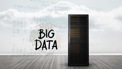 Poster - Animation of server with big data text and data processing over clouds