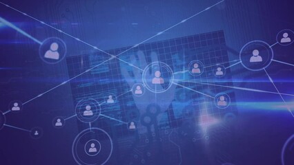 Poster - Animation of network of connections with icons and data processing over blue background