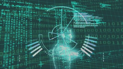 animation of red shapes over scope scanning, human model and data processing on black background