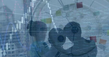 Poster - Animation of financial data processing and clock over diverse group of business people taking notes